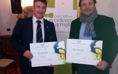 Patriglione e Kompà della Cantina Cosimo Taurino premiati in occasione del Gran Galà delle eccellenze di Puglia